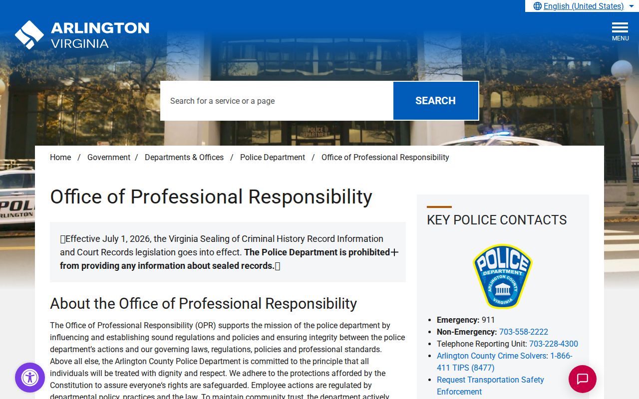 Arlington County arrest history ACPD records request routes