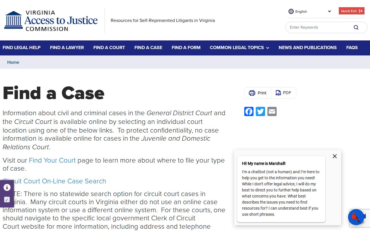 Virginia guidance for Arlington County criminal court case searches