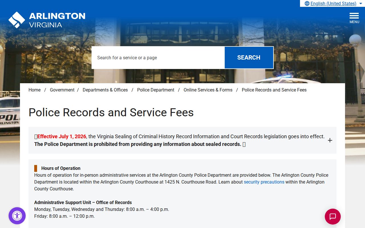 Arlington County police criminal record fees and request services